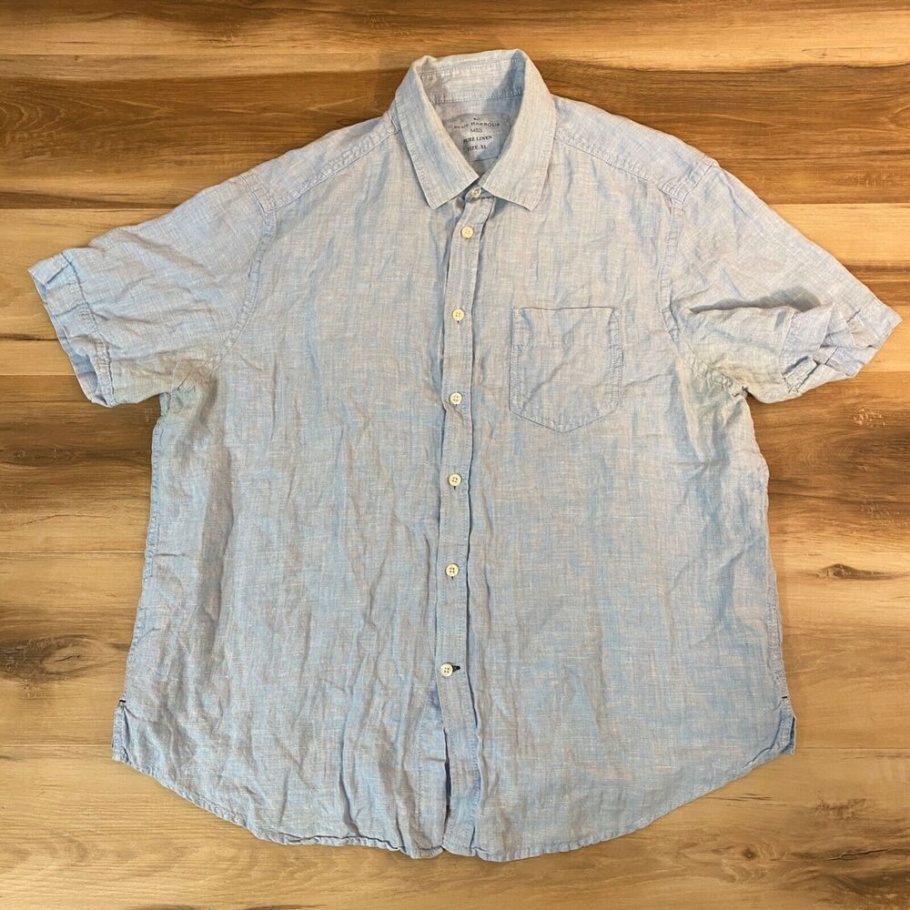 Blue Harbour Shirt Mens XL Linen Short Sleeve Blue Button Up Marks Spencer